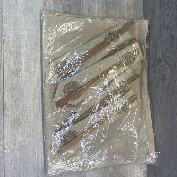 unknown Other - Asian Oriental Cloth 6 Place Mats Napkins Rings Chopsticks Holders
